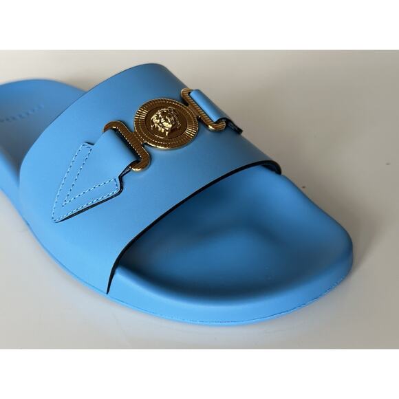 NIB $575 Versace Gold Medusa Leather/Rubber Sandals Blue 8.5 (41.5) 1004983 IT main image 10